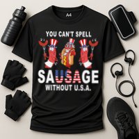 You Cant Spell Sausage Without USA 4th of July American Flag Cooling Performance Crew T-Shirt