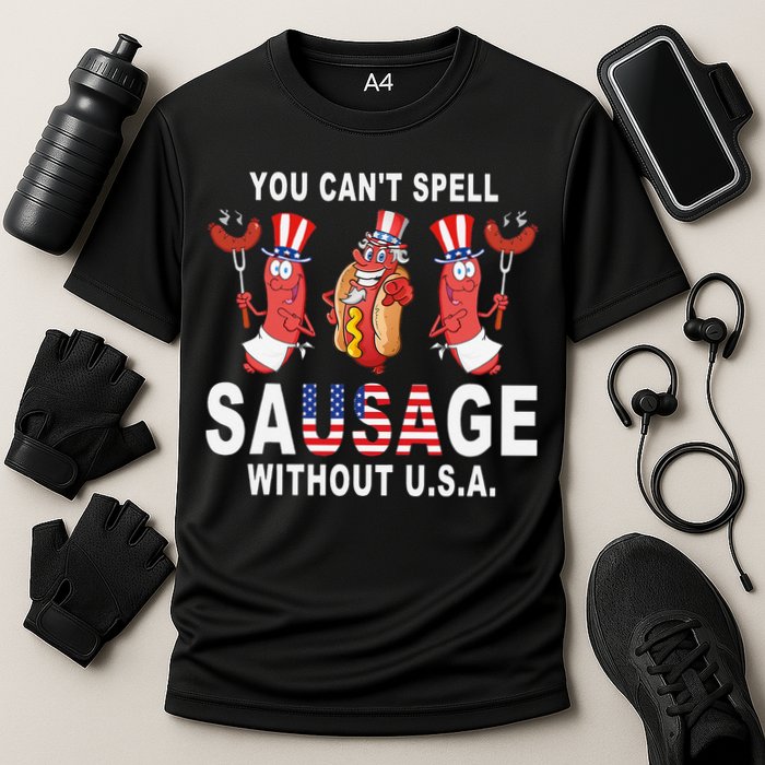 You Cant Spell Sausage Without USA 4th of July American Flag Cooling Performance Crew T-Shirt