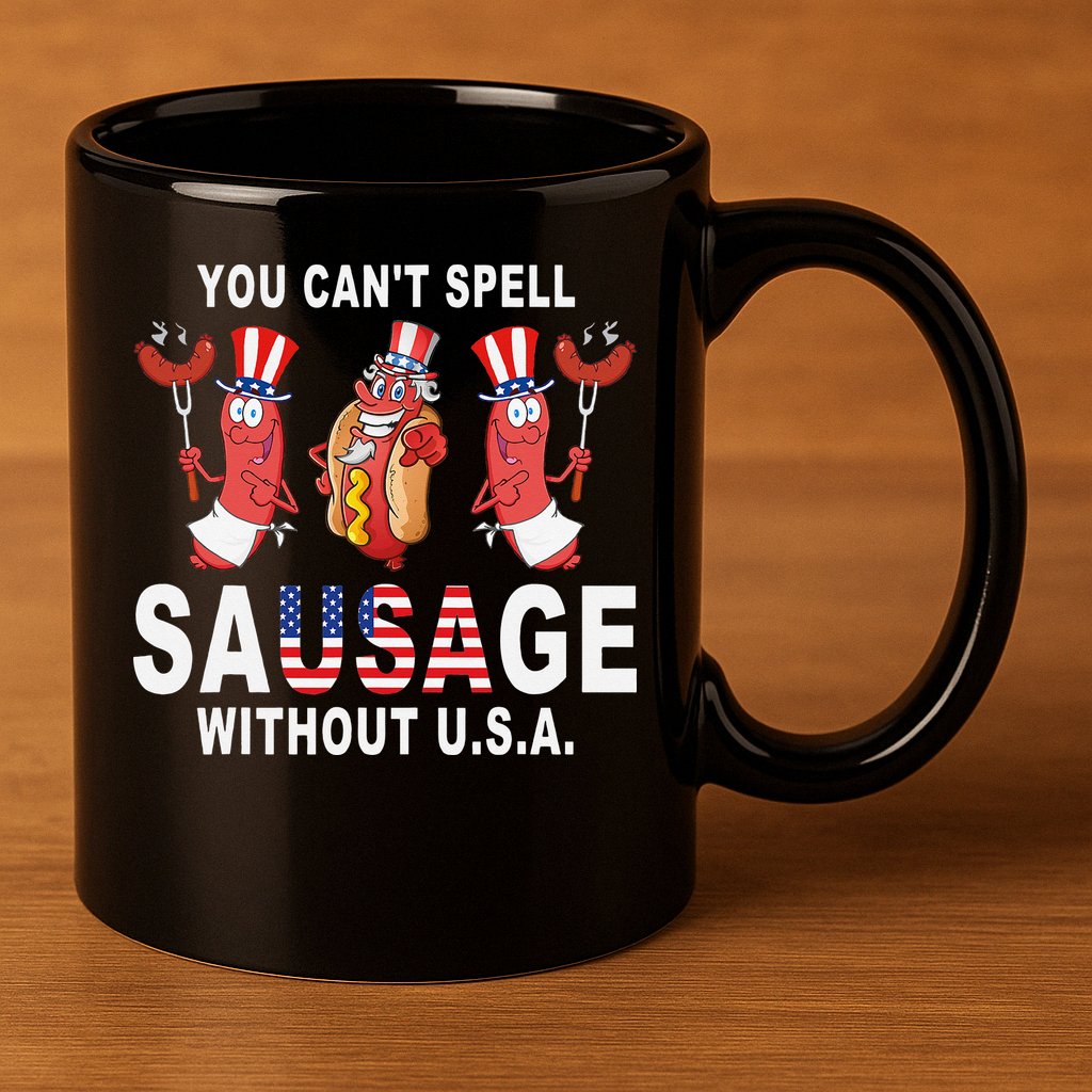 You Cant Spell Sausage Without USA 4th of July American Flag 11oz C Handle Ceramic Mug