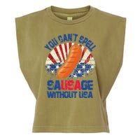 You Can't Spell Sausage Without USA, Funny 4th Of July Garment-Dyed Women's Muscle Tee