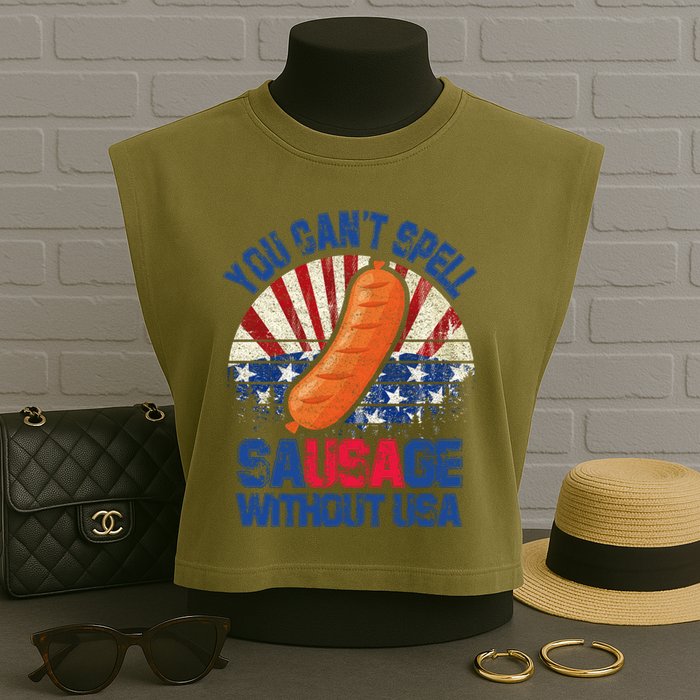 You Can't Spell Sausage Without USA, Funny 4th Of July Garment-Dyed Women's Muscle Tee