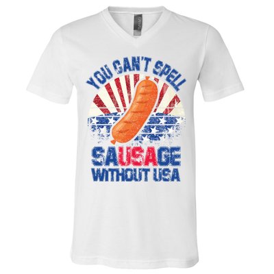 You Can't Spell Sausage Without USA, Funny 4th Of July V-Neck T-Shirt