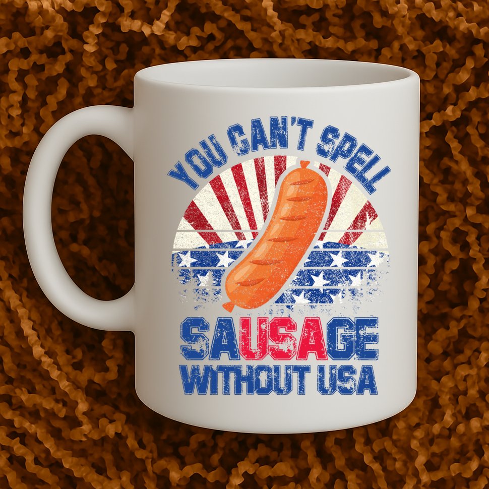 You Can't Spell Sausage Without USA, Funny 4th Of July Mug