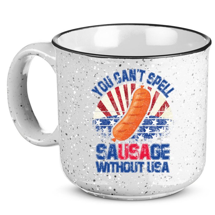 You Can't Spell Sausage Without USA, Funny 4th Of July 15oz Campfire Ceramic Mug