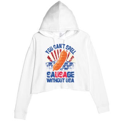 You Can't Spell Sausage Without USA, Funny 4th Of July Crop Fleece Hoodie