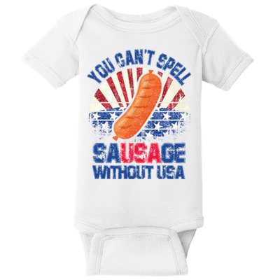 You Can't Spell Sausage Without USA, Funny 4th Of July Baby Bodysuit