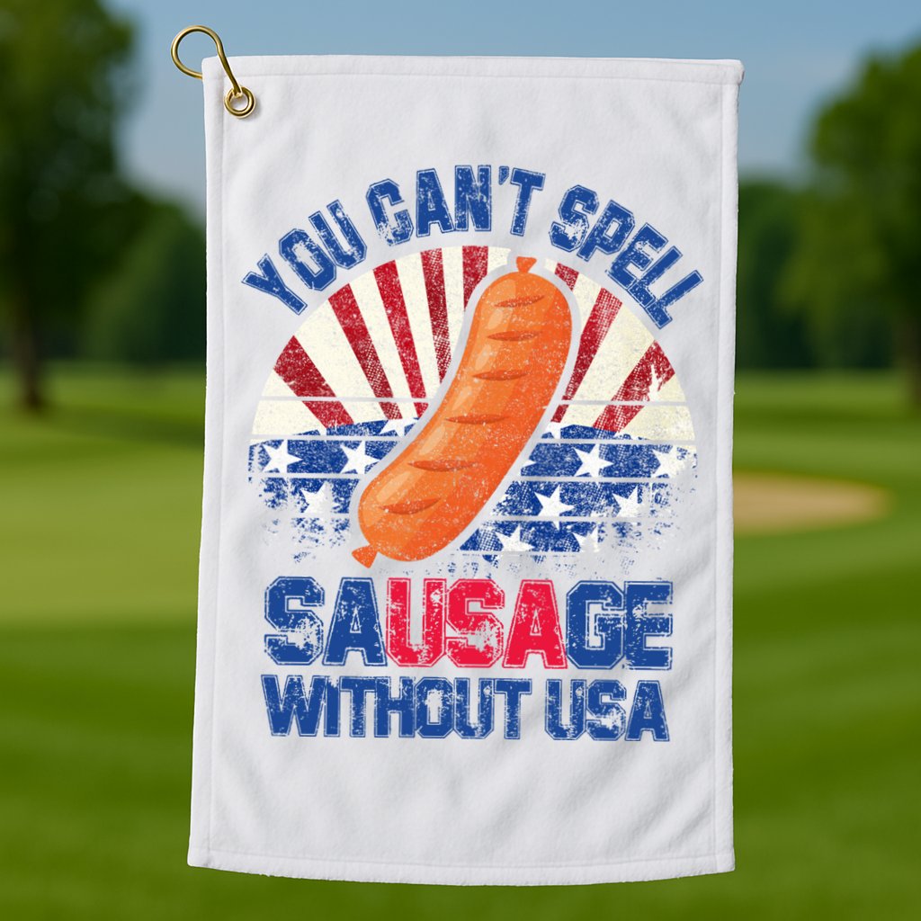 You Can't Spell Sausage Without USA, Funny 4th Of July Golf Towel