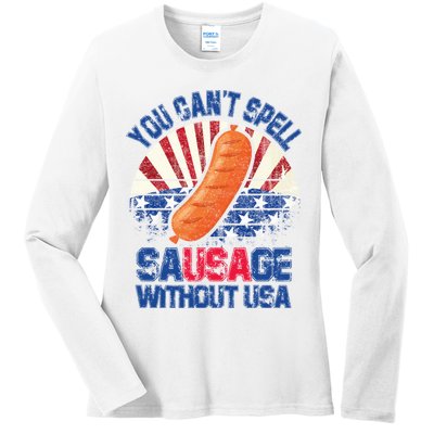 You Can't Spell Sausage Without USA, Funny 4th Of July Ladies Long Sleeve Shirt