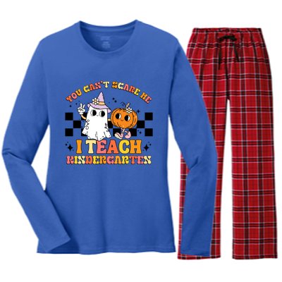 You Cant Scare Me I Teach Kindergarten Retro Halloween Ghost Great Gift Women's Long Sleeve Flannel Pajama Set 