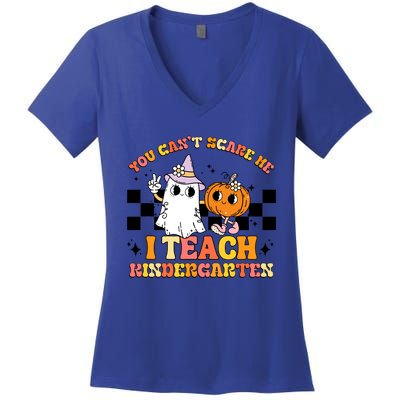 You Cant Scare Me I Teach Kindergarten Retro Halloween Ghost Great Gift Women's V-Neck T-Shirt