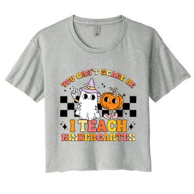 You Cant Scare Me I Teach Kindergarten Retro Halloween Ghost Great Gift Women's Crop Top Tee