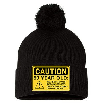 Yellow Caution Sign Funny 50th Birthday Turning Fifty Pom Pom 12in Knit Beanie