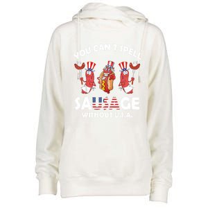 You Cant Spell Sausage Without Usa 4th Of July American Flag Cute Gift Womens Funnel Neck Pullover Hood