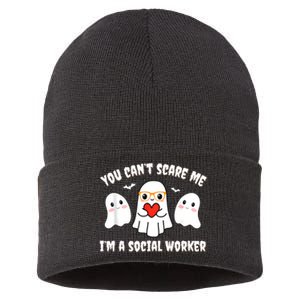 You Can’T Scare Me I’M A Social Worker Halloween Ghost Funny Sustainable Knit Beanie