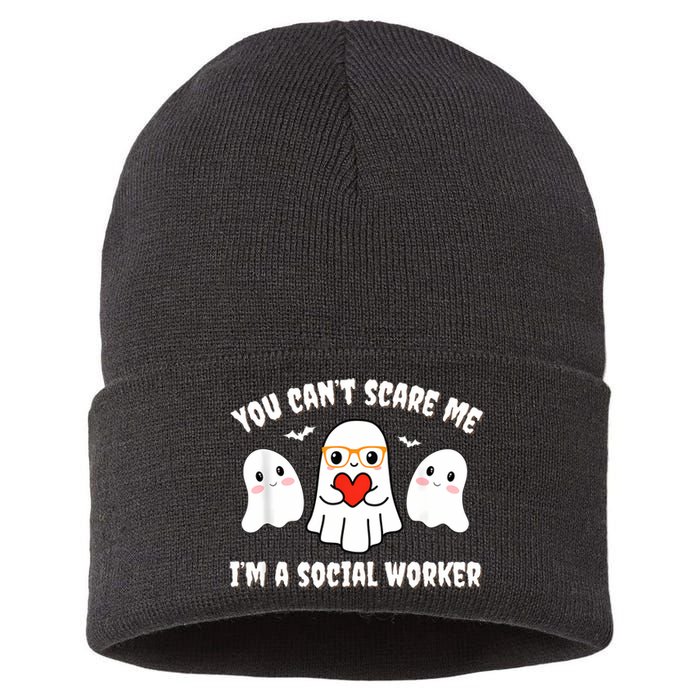 You Can’T Scare Me I’M A Social Worker Halloween Ghost Funny Sustainable Knit Beanie