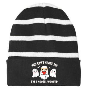 You Can’T Scare Me I’M A Social Worker Halloween Ghost Funny Striped Beanie with Solid Band