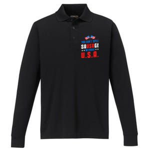 You Cant Spell Sausage Without Usa American Flag Great Gift Performance Long Sleeve Polo