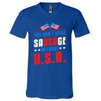 You Cant Spell Sausage Without Usa American Flag Great Gift V-Neck T-Shirt