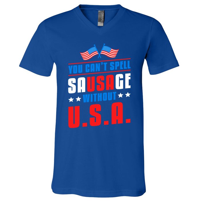 You Cant Spell Sausage Without Usa American Flag Great Gift V-Neck T-Shirt