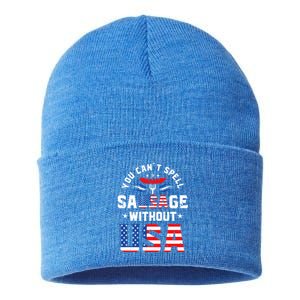 You Cant Spell Sausage Without Usa Funny Hotdog 4th Of July Great Gift Sustainable Knit Beanie