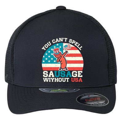 You Can’T Spell Sausage Without Usa Vintage Patriotic Flexfit Unipanel Trucker Cap