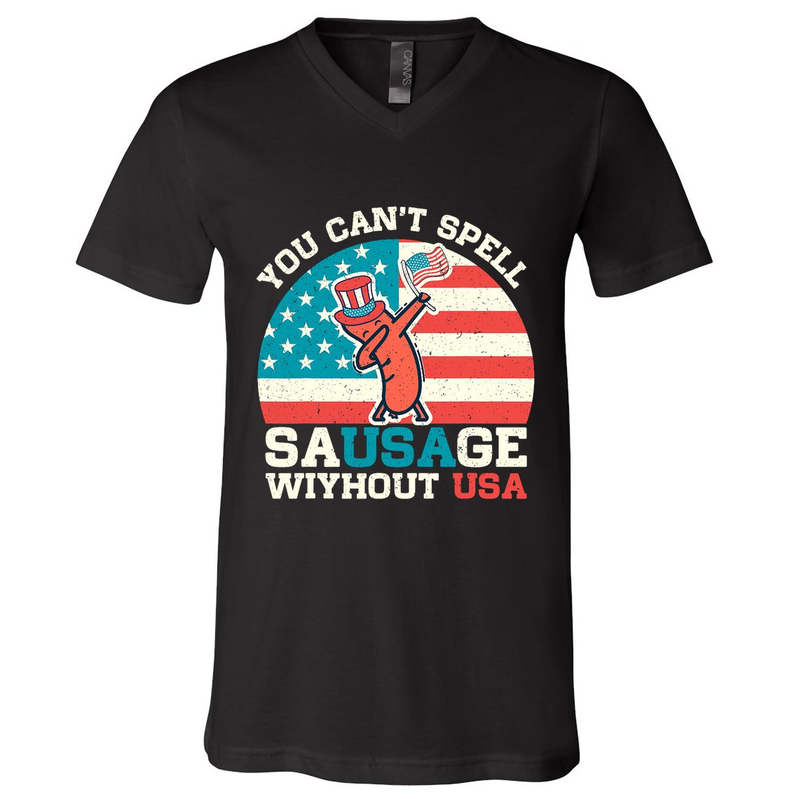 You Can’T Spell Sausage Without Usa Vintage Patriotic V-Neck T-Shirt