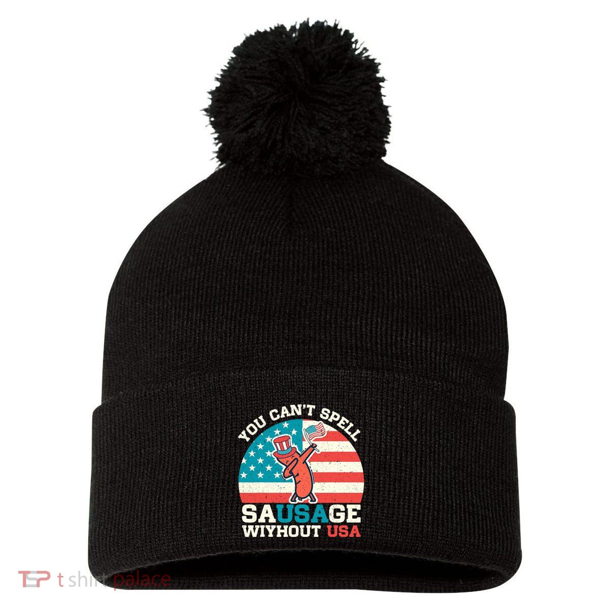 You Can’T Spell Sausage Without Usa Vintage Patriotic Pom Pom 12in Knit Beanie