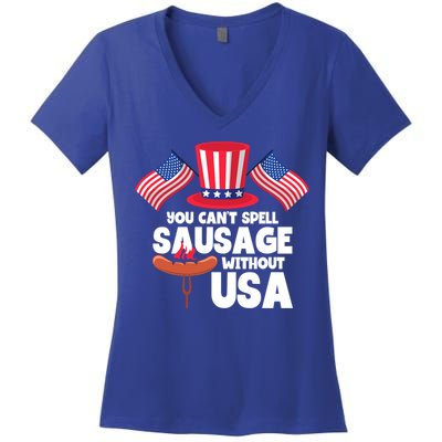 You Cant Spell Sausage Without Usa 4th Of July Gift Women's V-Neck T-Shirt