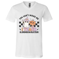 You Cant Scare Me I Teach Kindergarten Retro Halloween Ghost V-Neck T-Shirt