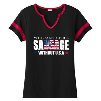 You Can't Spell Sausage Without USA Funny Ladies Halftime Notch Neck Tee