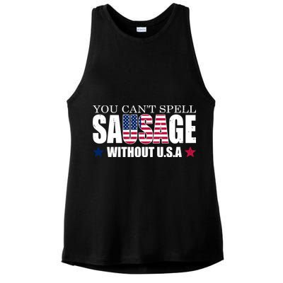 You Can't Spell Sausage Without USA Funny Ladies PosiCharge Tri-Blend Wicking Tank
