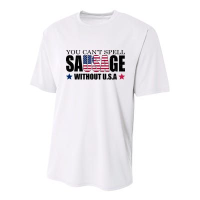 You Can't Spell Sausage Without USA Funny Youth Performance Sprint T-Shirt