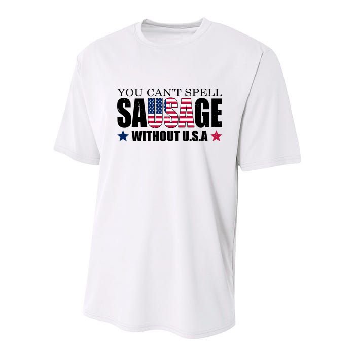 You Can't Spell Sausage Without USA Funny Youth Performance Sprint T-Shirt