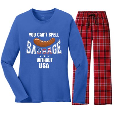 You Cant Spell Sausage Without Usa Funny Bbq Holiday Design Great Gift Women's Long Sleeve Flannel Pajama Set 