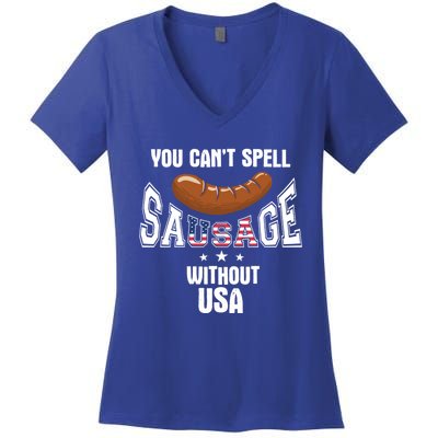 You Cant Spell Sausage Without Usa Funny Bbq Holiday Design Great Gift Women's V-Neck T-Shirt