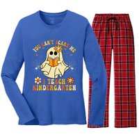 You CanT Scare Me I Teach Kindergarten Halloween Teacher Funny Gift Women's Long Sleeve Flannel Pajama Set 