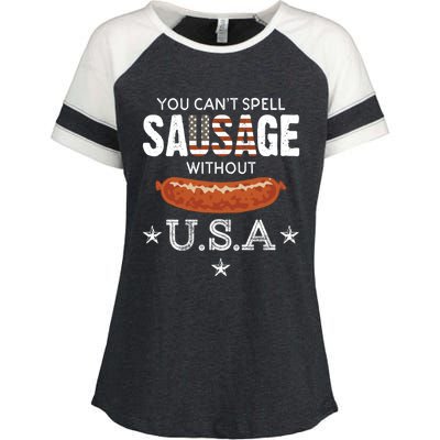 You Cant Spell Sausage Without Usa Funny Patriotic Great Gift Enza Ladies Jersey Colorblock Tee