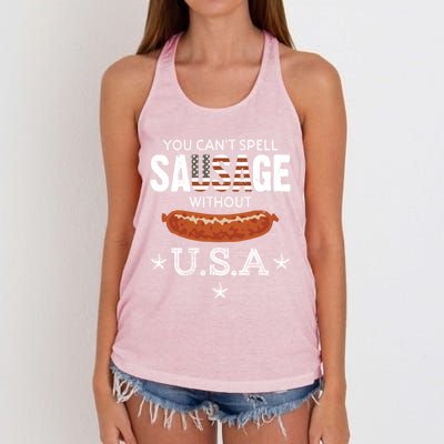 You Cant Spell Sausage Without Usa Funny Patriotic Great Gift Women's Knotted Racerback Tank