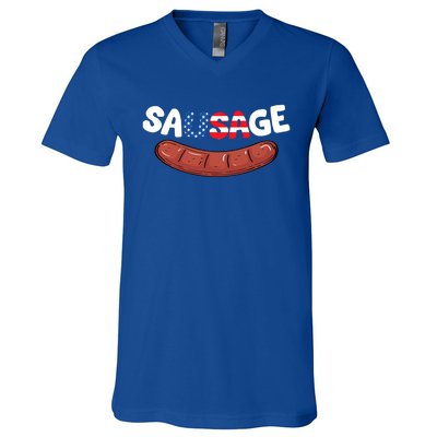 You Cant Spell Sausage Without Usa Patriotic American Flag Cute Gift V-Neck T-Shirt