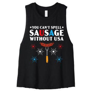 You CanT Spell Sausage Without Usa 4th Of July Women's Racerback Cropped Tank