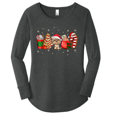 Yorkie Dog Christmas Pajamas Coffee Latte Mugs Xmas Tree Women's Perfect Tri Tunic Long Sleeve Shirt