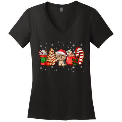 Yorkie Dog Christmas Pajamas Coffee Latte Mugs Xmas Tree Women's V-Neck T-Shirt