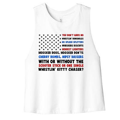 You Dont Have No Whistlin Bungholes Fireworks Joe Dirt Usa American Flag Women's Racerback Cropped Tank