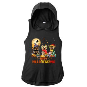 Yorkie Dog Halloween Thanksgiving Happy Hallothanksmas Ladies PosiCharge Tri-Blend Wicking Draft Hoodie Tank