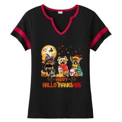 Yorkie Dog Halloween Thanksgiving Happy Hallothanksmas Ladies Halftime Notch Neck Tee