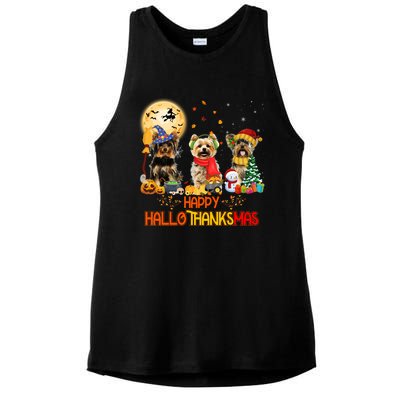 Yorkie Dog Halloween Thanksgiving Happy Hallothanksmas Ladies PosiCharge Tri-Blend Wicking Tank