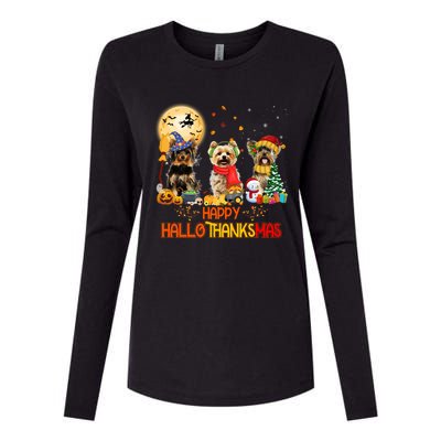 Yorkie Dog Halloween Thanksgiving Happy Hallothanksmas Womens Cotton Relaxed Long Sleeve T-Shirt