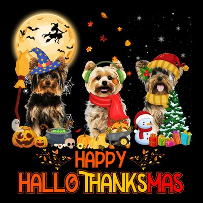 Yorkie Dog Halloween Thanksgiving Happy Hallothanksmas T-Shirt