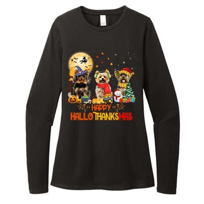 Yorkie Dog Halloween Thanksgiving Happy Hallothanksmas Womens CVC Long Sleeve Shirt