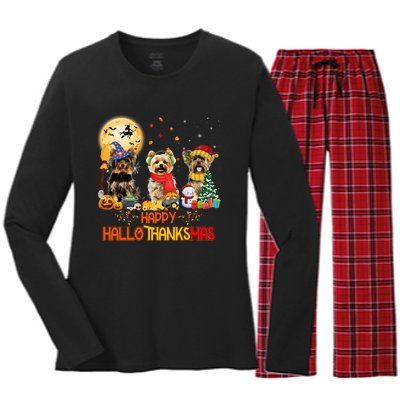 Yorkie Dog Halloween Thanksgiving Happy Hallothanksmas Women's Long Sleeve Flannel Pajama Set 